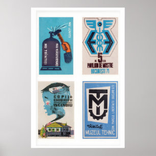 Poster Étiquettes de boîtes d'allumettes roumaines bleues