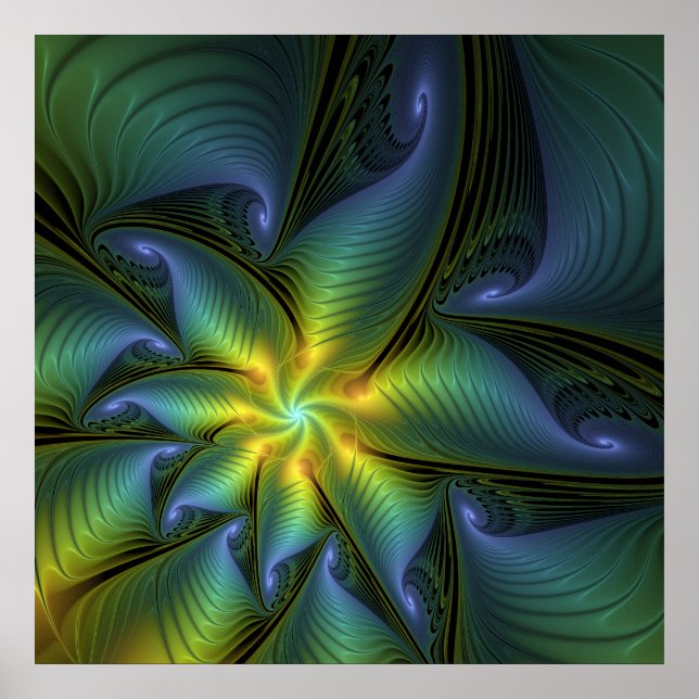 Poster Etoile Abstraite, Bleu brillant Vert Or Fractal Ar (Devant)
