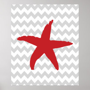 Poster Étoile de mer nautique rouge et grise de Chevron