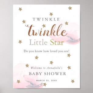 Poster Etoiles d'or et nuages roses Baby shower Bienvenue