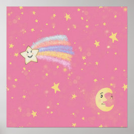 Poster Étoiles douces et lune sur rose