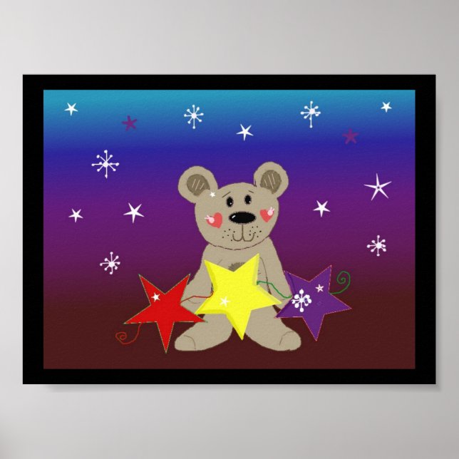 Poster Étoiles et flocons de neige avec petit ours (Devant)