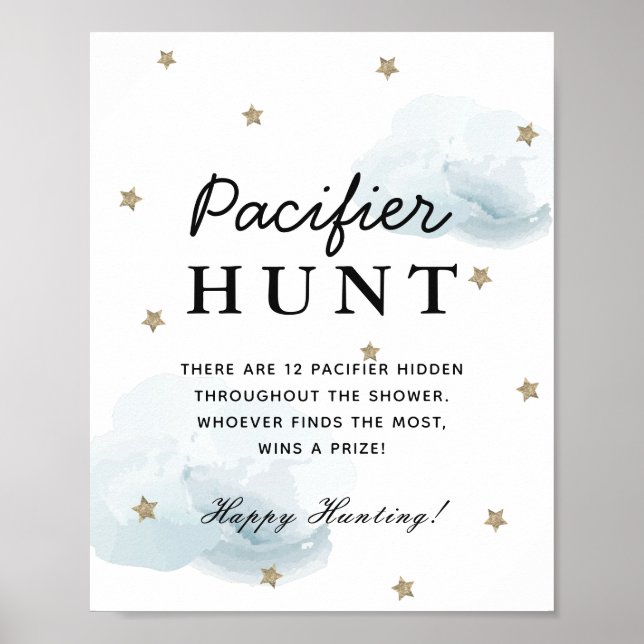 Poster Etoiles et nuages bleus Baby shower chasse pacifiq (Devant)