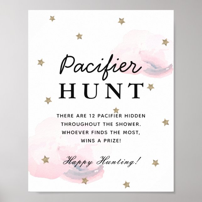 Poster Etoiles et nuages roses Baby shower chasse pacifiq (Devant)
