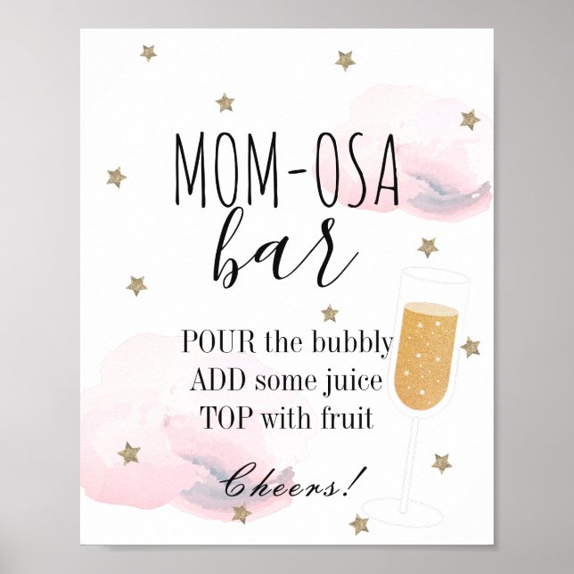 Poster Etoiles et nuages roses Baby shower Maman-osa Bar (Devant)