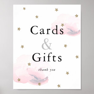 Poster Étoiles Nuages rose Cartes de Baby shower et cadea
