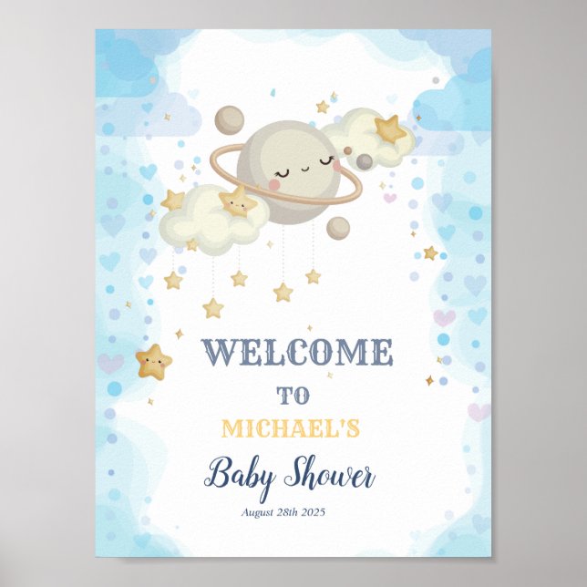 Poster Etoiles Planète Nuages Baby shower bleu (Devant)