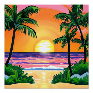 Poster Etonnante aquarelle Palmiers coucher de soleil