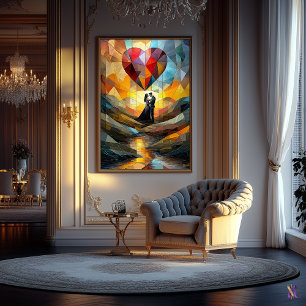 Poster Étreinte romantique sous un cœur en vitrail