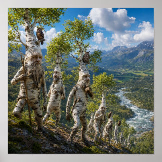 Poster Êtres d'arbres enchantés sur une colline
