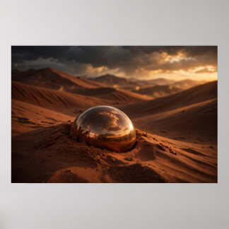 Poster Étude en cuivre — Sphère miroir dans les dunes du