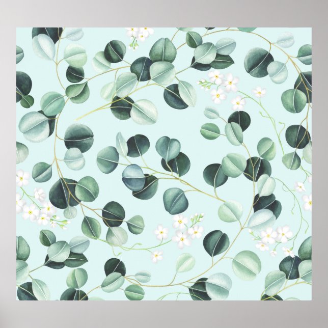 Poster Eucalyptus Bliss : Motif d'aquarelle turquoise. (Devant)