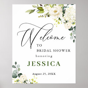 Poster Eucalyptus élégant Roses blanches Baby Shower