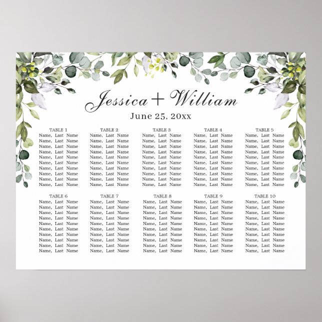 Poster Eucalyptus Floral 10 Tables Mariage CHART DE SIÈGE (Devant)