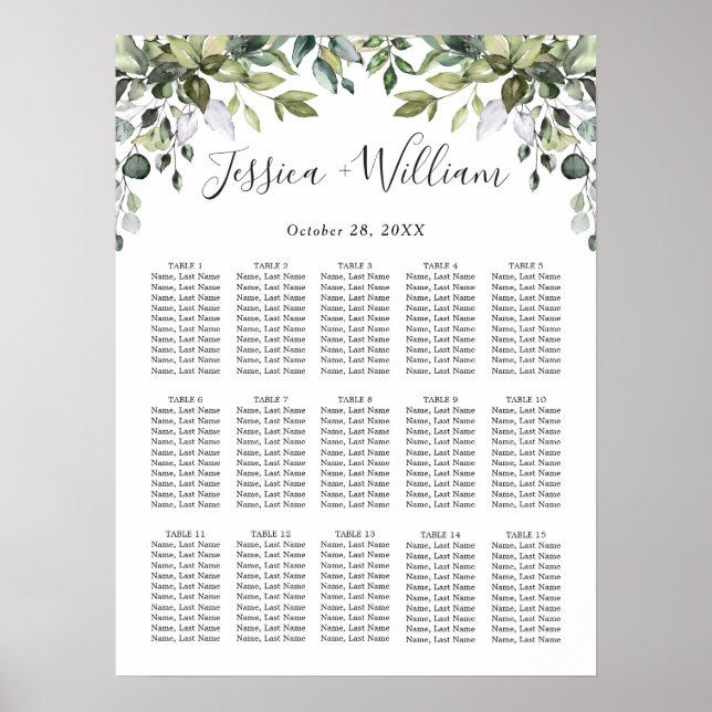 Poster Eucalyptus Floral 15 Tables Mariage CHART DE SIÈGE (Devant)