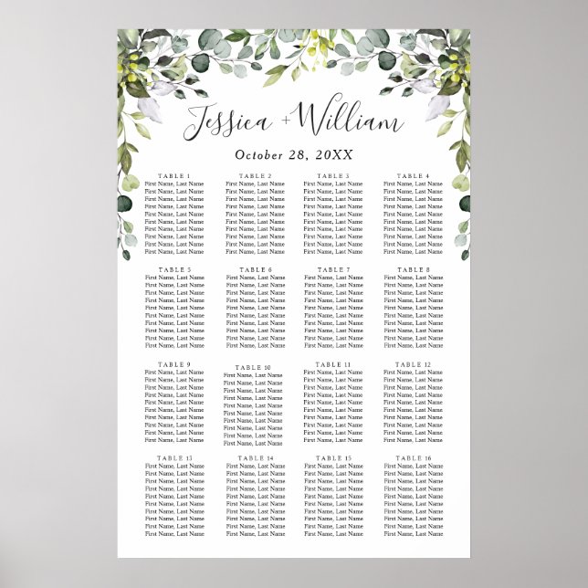 Poster Eucalyptus Floral 16 Tables Mariage CHART DE SIÈGE (Devant)