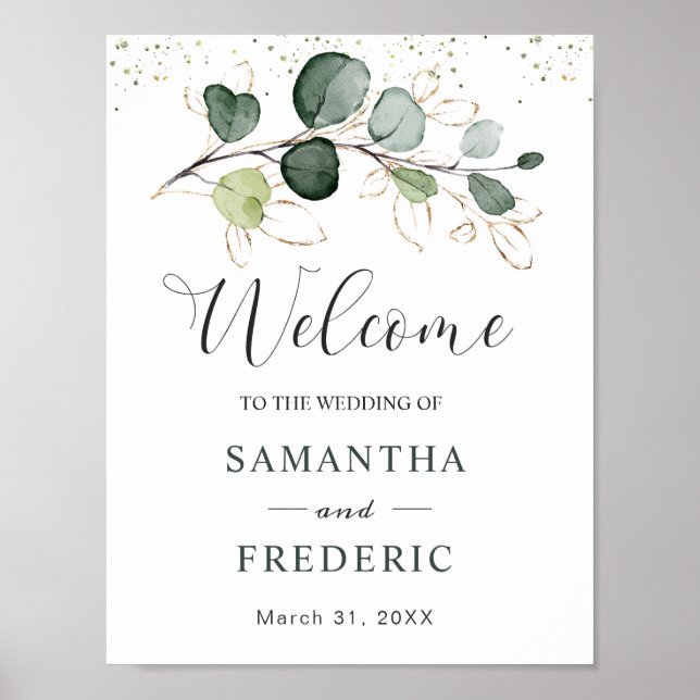Poster Eucalyptus Foliage Or Feuilles Mariages Bienvenue  (Devant)