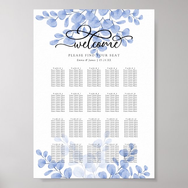 Poster Eucalyptus Gold Dusty Blue Mariage carte de siège (Devant)