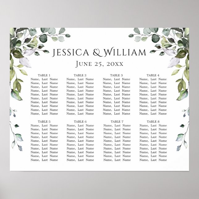 Poster Eucalyptus Green 8 Tables Mariage SEATING GRAPHIQU (Devant)