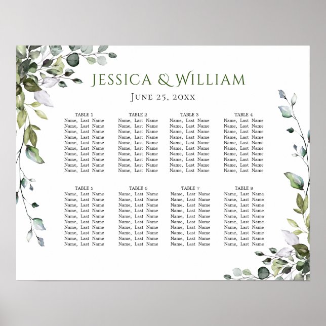 Poster Eucalyptus Green 8 Tables Mariage SEATING GRAPHIQU (Devant)