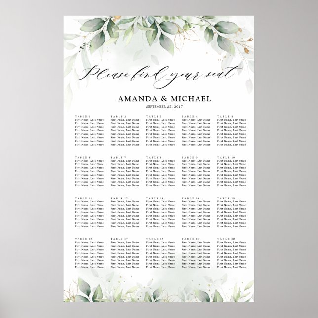 Poster Eucalyptus Greenery Gum Botanical Seating chart (Devant)