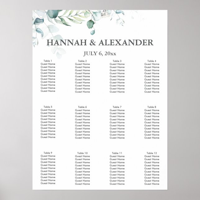 Poster Eucalyptus Greenery Wedding Seating Chart (Devant)