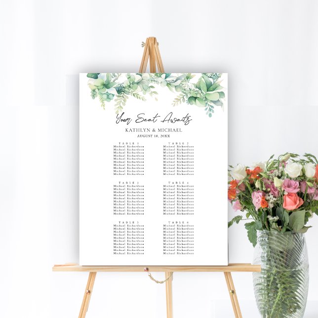 Poster Eucalyptus Jardin Mariage 6 Table Seating Charts (Créateur téléchargé)