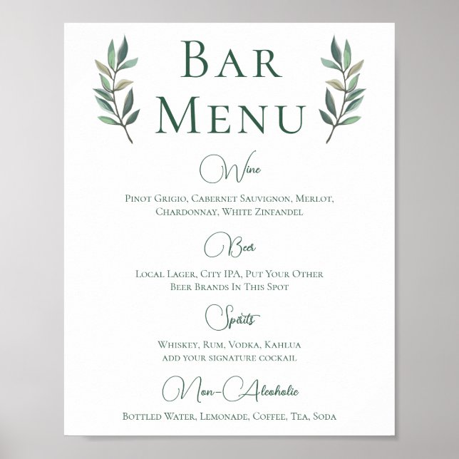 Poster Eucalyptus Leaf Simple Botanique Mariage Bar Menu (Devant)