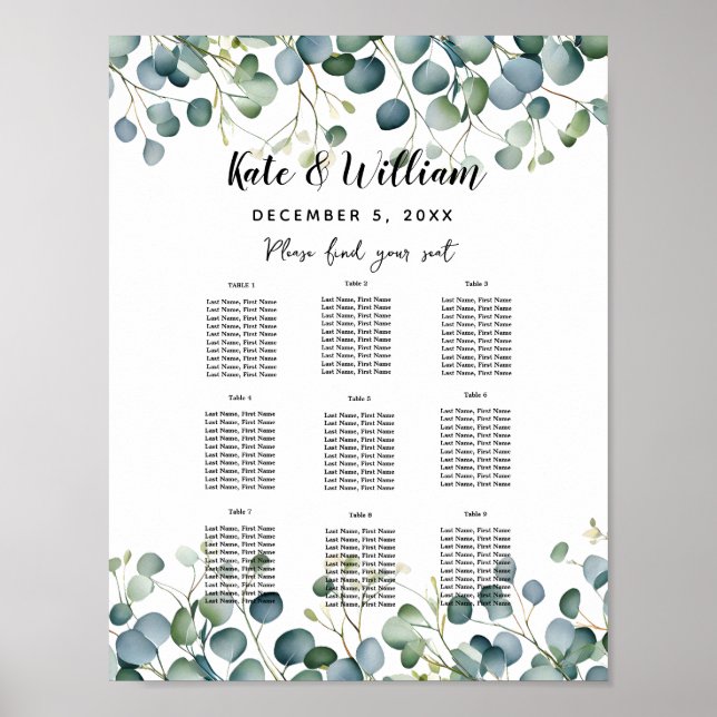 Poster Eucalyptus mariage floral plan table parti/mariage (Devant)