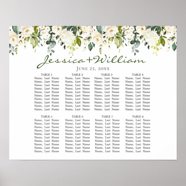 Poster Eucalyptus & Rose 8 Tables Mariage CHART DE SIÈGE (Devant)