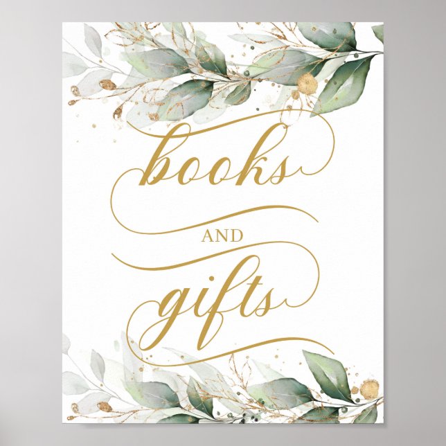 Poster Eucalyptus signe vert faux or livres et cadeaux (Devant)