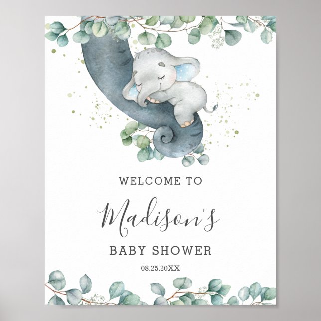Poster Eucalyptus verdure Elephant Baby shower Bienvenue (Devant)