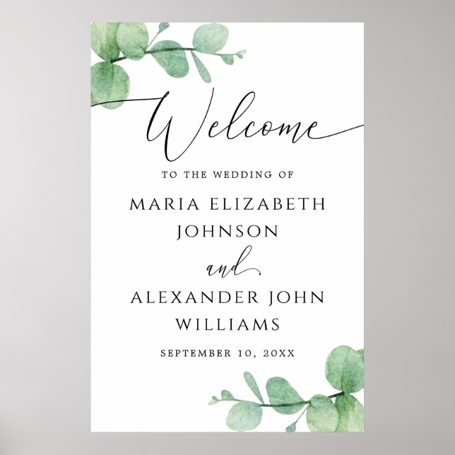 Poster Eucalyptus Wedding Welcome Sign | Elegant Script (Devant)