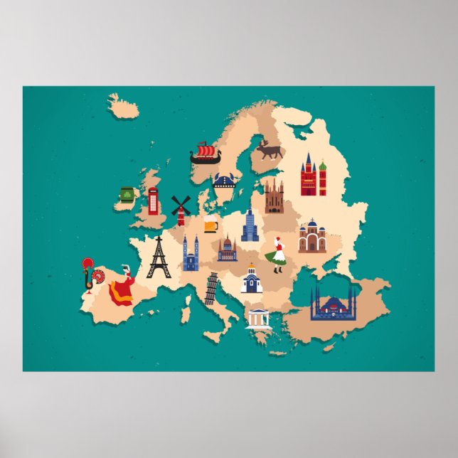 POSTER EUROPE MAP ÉLÉMENTS DE PAYS ILLUSTRATION CONCEPTIO (Devant)