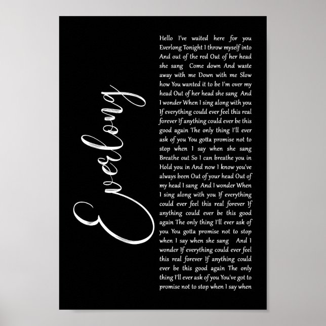 Poster Everlong Black Script Chanson Lyric Wall Art Impri (Devant)