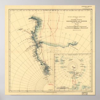 Poster Expédition Antarctique et enquêtes Antique Carte 1