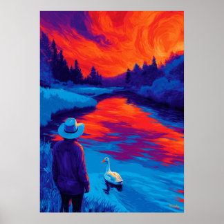 Poster Expressionist River Sunset Contemplation Art