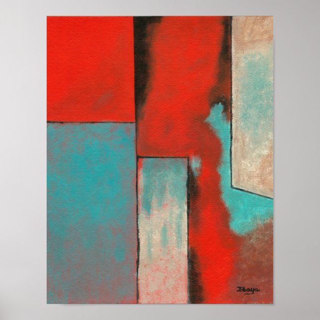 Poster Expressioniste abstrait Art Painting Red Turquoise (Devant)