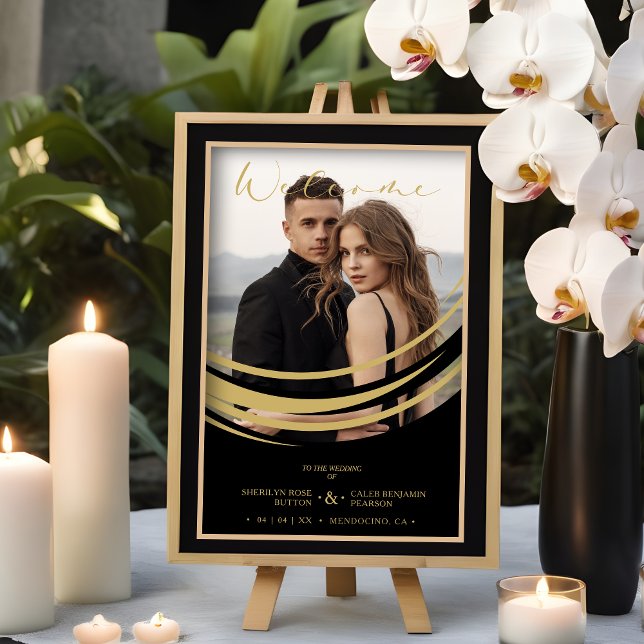 Poster Exquise Abstraite forme géométrique dorée (Exquisite Faux Golden Abstract Geometric Shape Photo Wedding Welcome Guests Poster.)