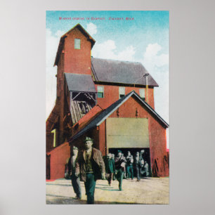 Poster Exterior View of a Mine, Workers Exiting