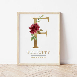 Poster F Lettre Monogramme Nom Marsala Floral Nursery