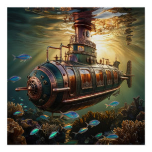 Poster Fabrique Steampunk sous-mariner bateau