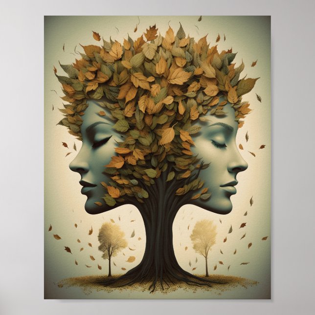 Poster Face D'Arbre Féminine Avec Feuilles (Devant)