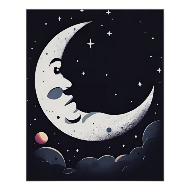 Poster Face de lune brillante dans le ciel sombre (Devant)