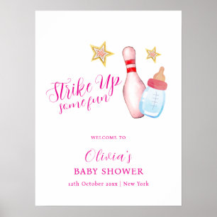 Poster Faire la fête en rose Bowling Baby Shower Bienvenu