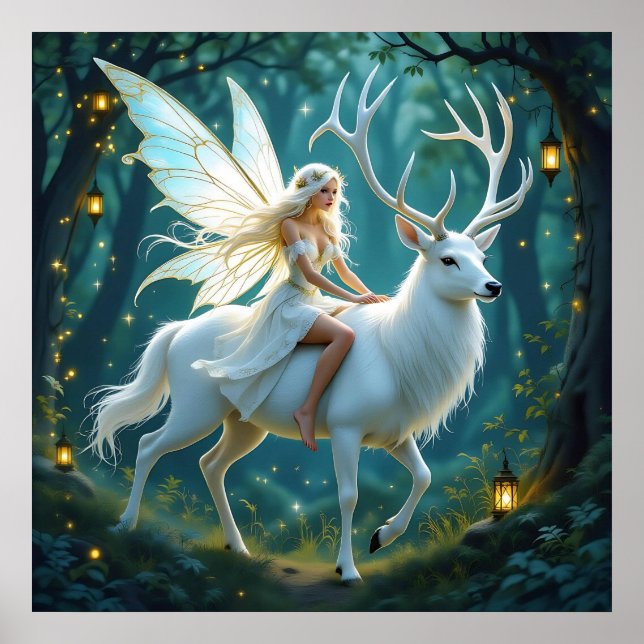 Poster Fairy and White Deer Magical Forest (Devant)