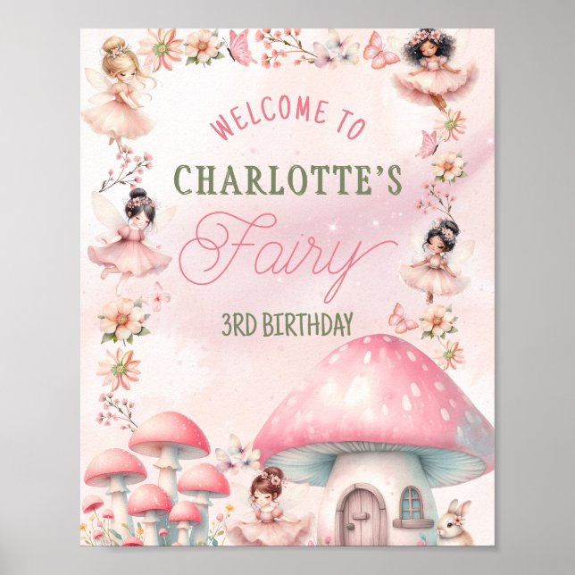 Poster Fairy Mushroom House Pink Birthday (Devant)