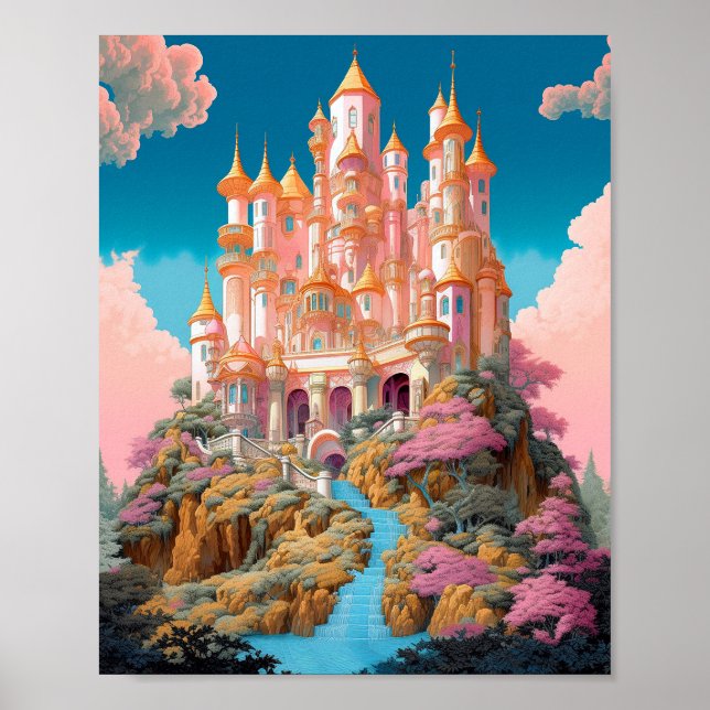 Poster Fairy Tale Castle Rose White Gold Imaginaire Art (Devant)