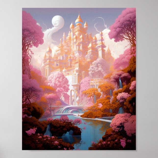 Poster Fairy Tale Castle Rose White Gold Imaginaire Art (Devant)