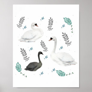 Poster Fairytale Swan Illustration Folk Botanical